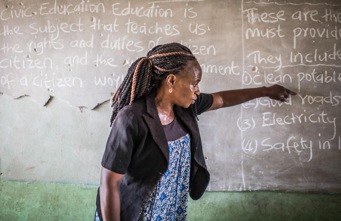 Abebi teaches in a Nigerian primary school with no electricity or water and with no working toilet.