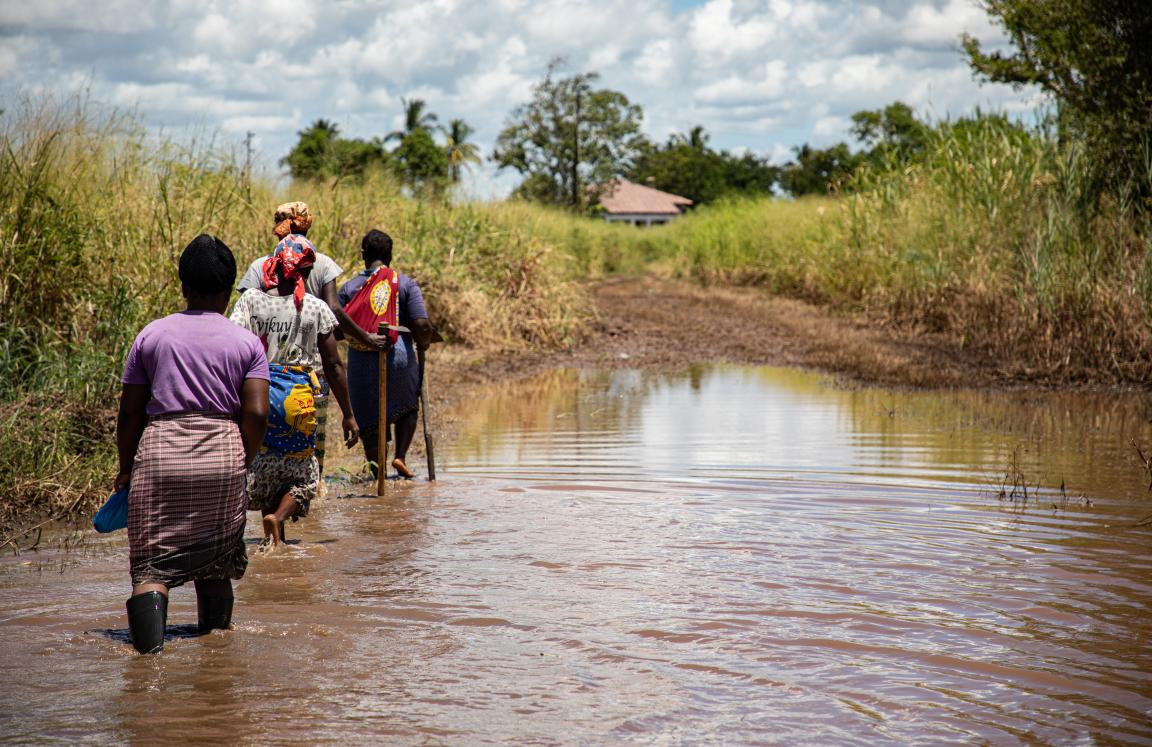 The all-women farmers association, Vamos Prouzir, walks through flooding to assess the damage done to their farmland in Buzi, Mozambique.