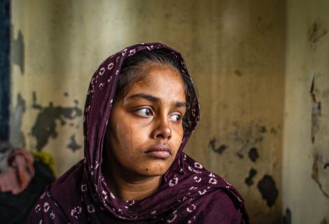 Tajnahar Begum, 24, was forced to flee to a temporary shelter with her son after flood water submerged their home.