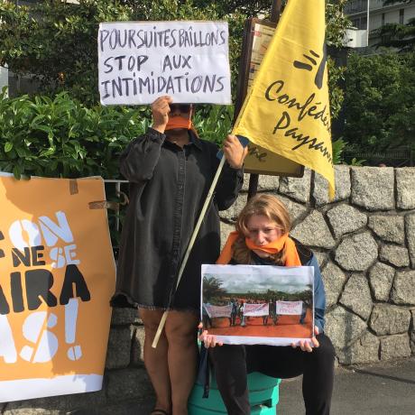 Protesters outside the General Assembly of Socfin, a Bolloré group company