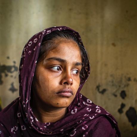 Tajnahar Begum, 24, was forced to flee to a temporary shelter with her son after flood water submerged their home.