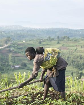 Beatrice from Rwanda straps her daughter Queen, 18 months, to her while farming her garden.